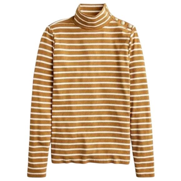 J. Crew Caramel Tan Striped Ribbed Gold Button Shoulder Top - Picture 1 of 10